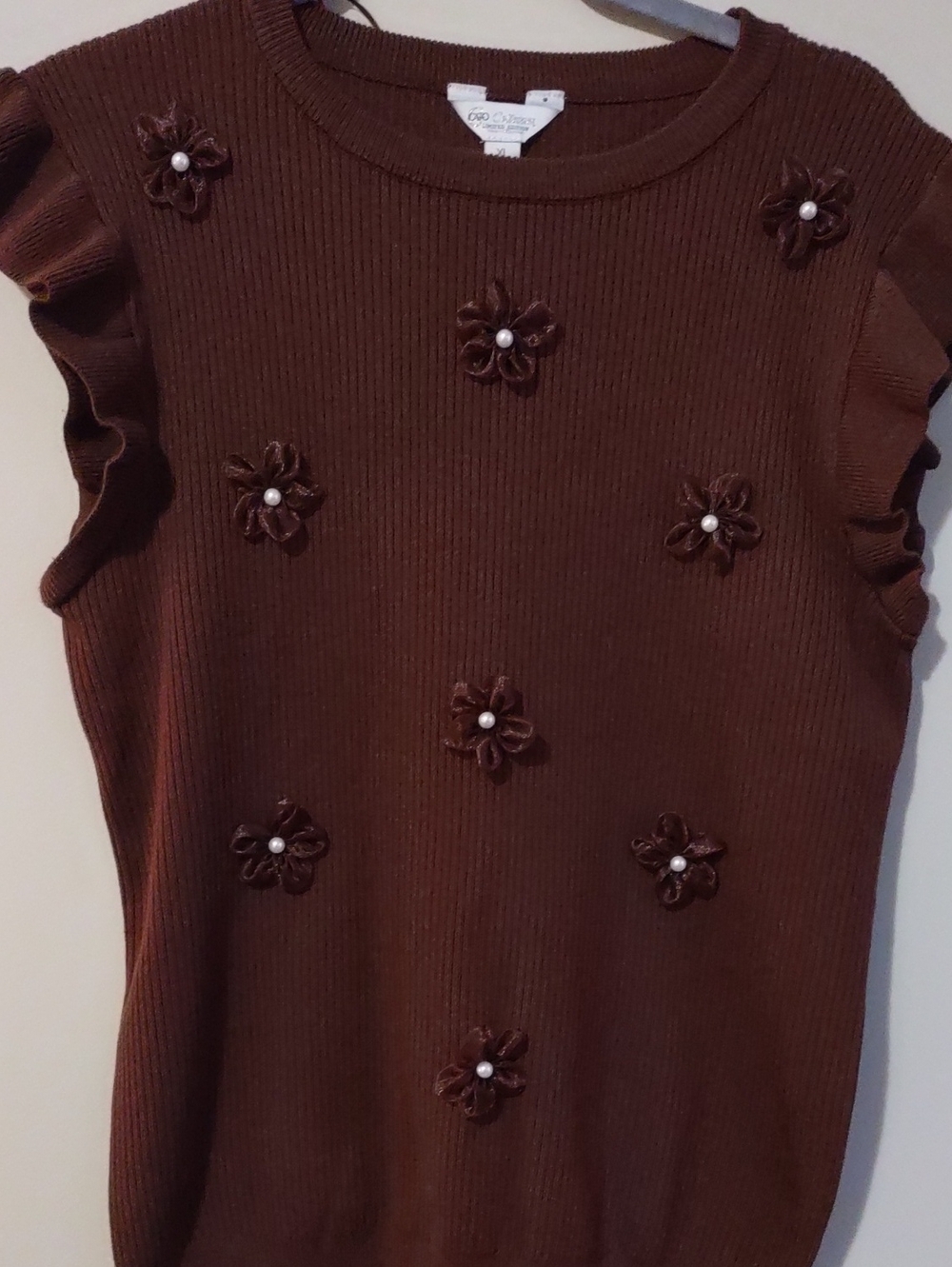 CATO Limited Edition Brown Embellished Floral Pearl Sweater Tank. Size XL